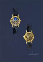 An original prototype design of a unique perpetual calendar skeletonised wristwatch, painted by Gérald Genta, with accompanying NFT, Circa 1982 | 傑洛・尊達 一幅獨一無二萬年曆鏤空腕錶原型設計圖，由傑洛・尊達繪製並附帶 NFT 証書，約1982年製