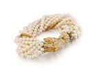 Van Cleef & Arpels | 'Barquerolles Lion' Cultured-Pearl, Emerald and Diamond Bracelet | 梵克雅寶 | 'Barquerolles Lion' 養殖珍珠，祖母綠 配 鑽石 手鏈，1969年
