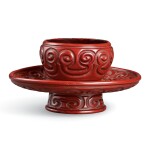 A CINNABAR 'TIXI' LACQUER CUP STAND YUAN DYNASTY | 元 朱面剔犀盞托