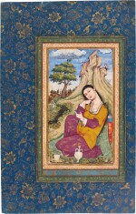 A maiden resting in a landscape, Persia, Isfahan, Safavid, circa 1656-80