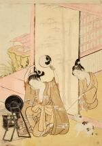 Suzuki Harunobu (1725-1770) | A young woman adjusting her hair in a mirror | Edo period, 18th century