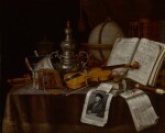 Vanitas still life with a violin, silver incense burner, globe, sword, box of jewelry, and manuscripts