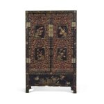 A gilt and polychromed black lacquer cabinet, Qing dynasty, Qianlong period | 清乾隆 黑漆加彩描金立櫃