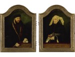 BARTHOLOMÄUS BRUYN THE YOUNGER |  A DIPTYCH: PORTRAIT OF A GENTLEMAN, AGED 44, BEHIND A WOODEN LEDGE, WEARING A FUR-TRIMMED BLACK COAT, HOLDING HIS GLOVES AND A LETTER; AND PORTRAIT OF A WOMAN, AGED 42, BEHIND A WOODEN LEDGE, IN FUR-TRIMMED BLACK DRESS WITH PEARL-STUDDED BELT, HOLDING A BOOK