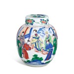 A rare wucai 'figural' jar and cover, Mark and period of Kangxi | 清康熙 五彩庭院人物圖蓋罐 《大清康熙年製》款