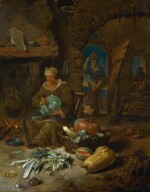 WILLEM KALF |  Barn interior with an old woman and still life of vegetables