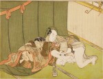 Suzuki Harunobu (1725-1770) | An amorous couple and husband under a mosquito net (kaya) | Edo period, 18th century