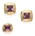 PAIR OF GOLD AND AMETHYST 'PYRAMID' EARCLIPS AND RING, BULGARI 