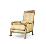 A Consulat parcel-gilt and green painted armchair called "Fauteuil de Talma", early 19th century | Rare bergère, dite "fauteuil de Talma" en bois laqué vert à l'antique et rechampi or d'époque Consulat