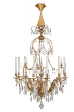 A Louis XV Style Gilt Bronze, Gilt Metal, and Rock Crystal Nine-Light Chandelier, Late 19th Century