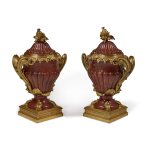 A Pair of Louis XV Style Gilt-Bronze Mounted Rouge Marble Covered Urns, by Sormani, Paris, Third Quarter 19th Century
