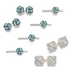 Pair of diamond cufflinks, 1930s, and an emerald, sapphire and diamond dress set