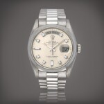 Day-Date, Reference 18026 A platinum wristwatch with day, date and bracelet Circa 1979 | 勞力士 |  Day-Date 型號 18026 鉑金鍊帶腕錶備星期及日期顯示，製作年份約 1979