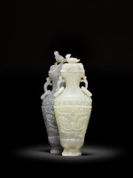 An unusual white and grey jade archaistic twin-vases and covers, Qing dynasty, 18th century | 清十八世紀 灰白玉仿古雙聯瓶連蓋
