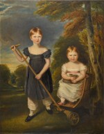 Portrait of the Hon. Charles George Noel, later 2nd Earl of Gainsborough (1818–1881), and his sister Lady Mary Arabella Louisa Noel (1822–1883), full-length, in a wooden pram holding a rabbit in a landscape setting