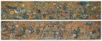 A pair of large gold-ground silk embroidered 'figural' panels, Qing dynasty, 19th century | 清十九世紀 金地緞繡祝壽圖大掛屏一對