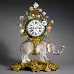 A LOUIS XV GILT BRONZE MOUNTED MEISSEN AND CHINESE PORCELAIN MANTEL CLOCK, THE ELEPHANT PROBABLY MODELLED BY PETER REINICKE, THE MOVEMENT BY JACQUES PANIER, MID-18TH CENTURY, THE GILT BRONZE BASE 19TH CENTURY AFTER JEAN-JOSEPH DE SAINT-GERMAIN