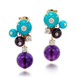 PAIR OF AMETHYST, TURQUOISE AND DIAMOND EARRINGS, 'DELICES DE GOA', CARTIER