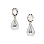 Pair of Cultured Pearl, Rock Crystal, Enamel and Diamond Earclips
