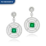 Pair of emerald and diamond earrings, 'Bull's Eye'