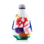 A Six-Colour Overlay Glass 'Fish and Lotus Flowers' Snuff Bottle Qing Dynasty, 18th - 19th Century | 清十八至十九世紀 涅白地套六色彩料蓮塘鼻煙壺