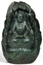 A SPINACH-GREEN JADE 'BUDDHA IN A GROTTO' GROUP LATE QING DYNASTY | 晚清 碧玉坐佛山子