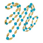 TWO GOLD AND TURQUOISE NECKLACES, VAN CLEEF & ARPELS, FRANCE | 雙色黃金鑲綠松石項鏈兩條，梵克雅寶