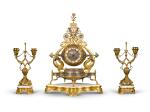 A gilt and silvered-bronze "Persian" mantel clock garniture designed by Adolphe-Victor Geoffroy-Dechaume, French, circa 1855