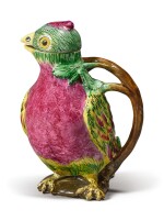 A PROSKAU FAIENCE PARROT EWER AND COVER, CIRCA 1770