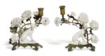 A pair of 'Girl-in-a-Swing' porcelain and tole peint-mounted candlesticks, circa 1755, Charles Gouyn's factory, St. James's