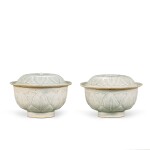 A pair of carved Qingbai 'scalloped-edged leaves' bowls and covers, Southern Song dynasty | 南宋 青白釉刻葉瓣紋蓋盌一對