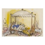 A WATERCOLOUR DRAWING OF MARIO BUATTA IN BED, BY KONSTANTIN KAKANIAS FOR THE NEW YORK TIMES, CIRCA 1988