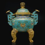 A large cloisonné enamel censer and cover, Qing dynasty, Qianlong period | 清乾隆 銅胎掐絲琺瑯纏枝番蓮紋如意耳四足大蓋爐