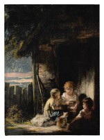 Sold Without Reserve | CIRCLE OF SIR JOSHUA REYNOLDS, P.R.A. | THREE CHILDREN OUTSIDE A COTTAGE DOOR WITH A CAT