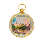 A gold hunting cased cylinder watch with polychrome enamel painted scenes of new york city hall Circa 1850, no. 40270