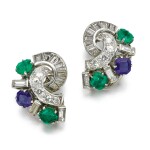 A pair of emerald, sapphire and diamond ear clips, 1950s