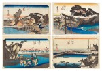 UTAGAWA HIROSHIGE I (1797–1858), FOUR PRINTS: HODOGAYA: SHINMACHI BRIDGE (HODOGAYA, SHINMACHI-BASHI), FUJISAWA: THE YÛGYÔ-JI TEMPLE (FUJISAWA, YÛGYÔ-JI), OKITSU: THE OKITSU RIVER (OKITSU, OKITSUGAWA) AND YOSHIDA: THE TOYOKAWA RIVER BRIDGE (YOSHIDA, TOYOKAWABASHI) | EDO PERIOD, 19TH CENTURY 