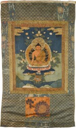 An appliqué thangka depicting Ratnasambhava Tibet, 18th/19th century | 西藏十八/十九世紀 刺綉寶生佛唐卡