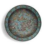 A large turquoise-ground cloisonné enamel 'dragon and phoenix' basin, Late Ming dynasty | 明末 銅胎掐絲琺瑯龍鳳呈祥紋盆
