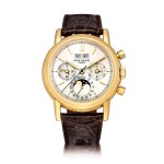 Patek Philippe | Reference 3971, A yellow gold perpetual calendar chronograph wristwatch with moon phases, 24 hours, leap year indication and snap on sapphire crystal display back, Made in 1988 | 百達翡麗 | 型號3971 黃金萬年曆計時腕錶，備月相、24小時、閏年顯示及藍寶石水晶底蓋，1988年製