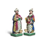 A pair of porcelain flasks and stoppers in the form of a standing Sultan and Sultana, France, mid 19th century