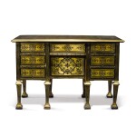 A Louis XIV Ebony and Brass Boulle Contrepartie Marquetry Bureau Mazarin, Possibly German, Circa 1700, the legs probably 19th century re-using earlier première partie marquetry
