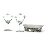 A MEXICAN SILVER, COPPER AND HARDSTONE CENTERPIECE AND MATCHING PAIR OF THREE-LIGHT CANDELABRA, EMILIA CASTILLO, TAXCO, CIRCA 1995