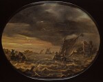 ABRAHAM SUSENIER | A moonlit river landscape with fishermen in choppy waters