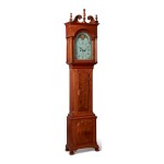 FINE AND RARE CHIPPENDALE CARVED AND FIGURED CHERRYWOOD TALL CASE CLOCK, WORKS BY BENJAMIN BUCKMAN, WRIGHTSTOWN, BUCKS COUNTY, PENNSYLVANIA, CIRCA 1785