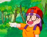 Arale Laughing and Pointing Forward Animation Cel with Douga and Hand-painted Original Background | 笑指前方的阿拉蕾賽璐璐，附線稿和手繪原裝背景