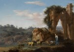 WARNARD VAN RYSSEN [RIJZEN] | An Italianate landscape with a shepherd and his flock, together with a woman pushing a wheelbarrow near classical ruins