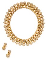 GOLD AND DIAMOND 'PIGNE' NECKLACE AND PAIR OF EARCLIPS, BULGARI
