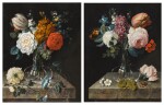 A pair of still lifes of flowers in glass vases on stone tables