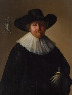 Portrait of a man, half-length, in a long collar, hat, and gloves